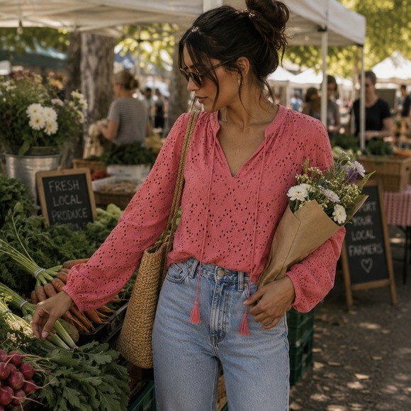 M&S Collection Tops - M&S Collection Antique Rose Eyelet Boho Blouse V-Neck Tassel Top Size 6 US 10 UK